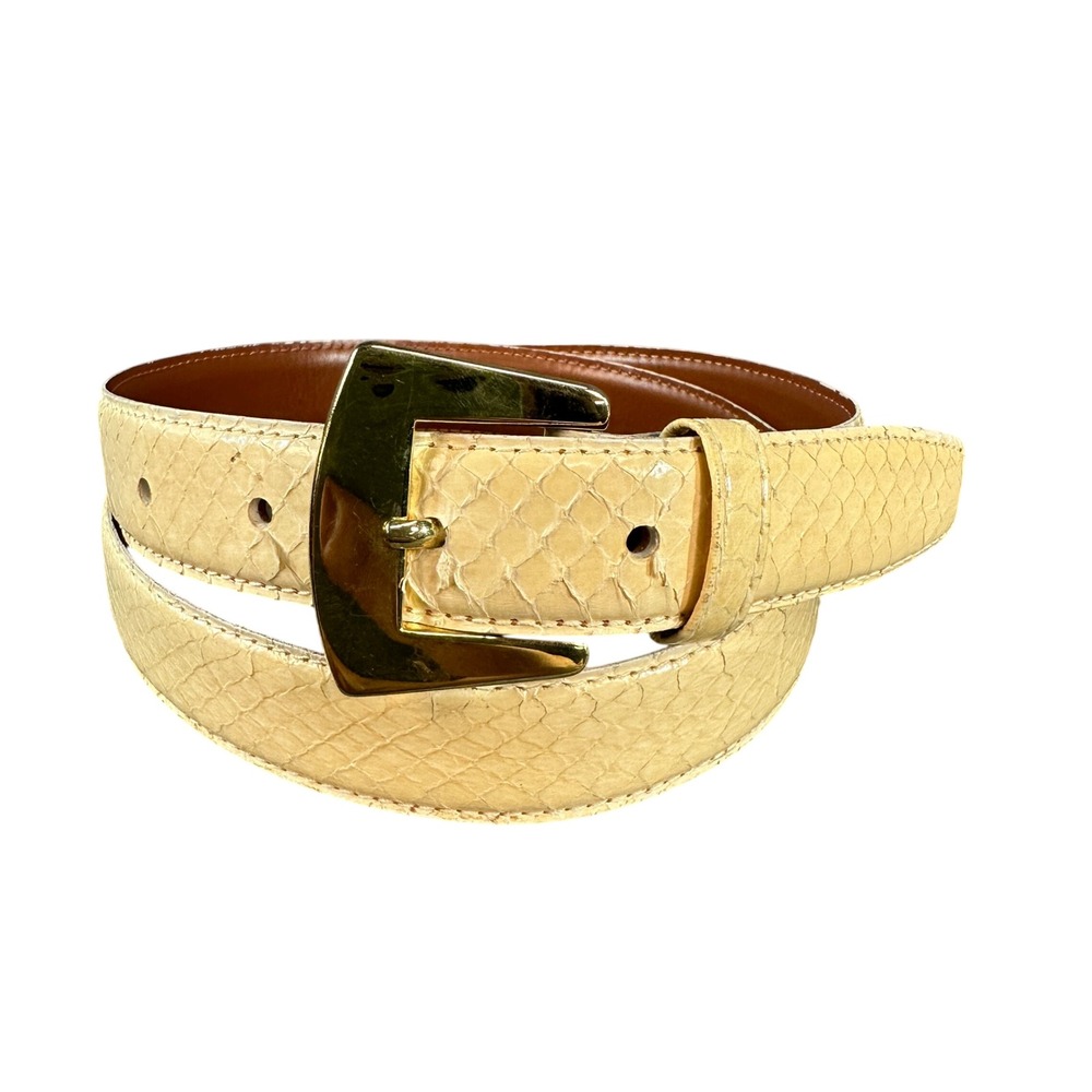 Vintage Cream Snakeskin Embossed Leather Belt Gold Buckle Size 32 34